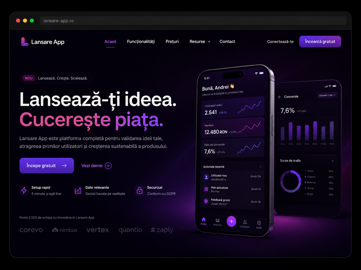 Landing page lansare aplicație
